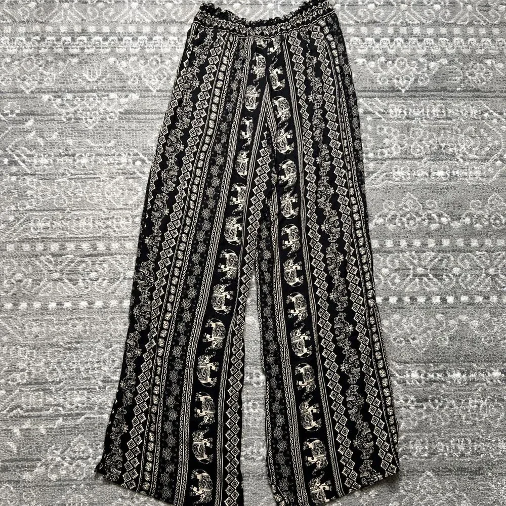 Soft Surroundings Elephant Print Palazzo Pant Black Tan Large Elastic Tassel NWT - Picture 10 of 11